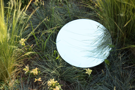 Round mirror among grass and flowers reflecting sky. Space for textの写真素材