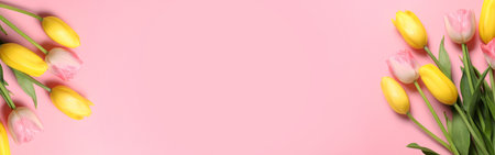 Beautiful tulips on pink background, flat lay. Banner design with space for textの写真素材