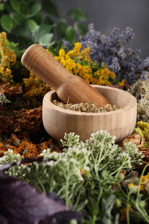 Mortar with pestle and many different herbs on tableの写真素材