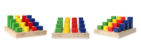 Wooden sorter with colorful geometric figures isolated on white, different angles. Collage design...