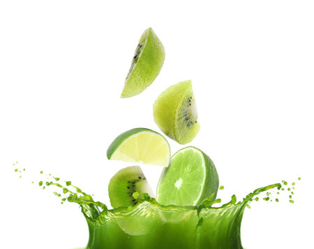 Cut lime and kiwi falling into juice on white backgroundの写真素材