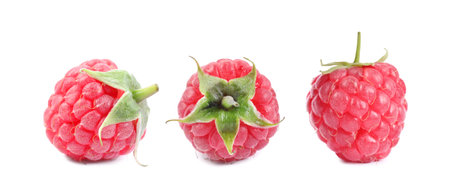 Set with fresh ripe raspberries isolated on whiteの写真素材