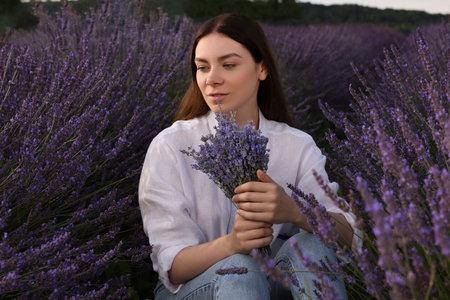 Beautiful woman with bouquet in lavender fieldの写真素材