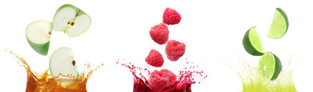 Set with apple, lime, raspberry juices and fresh fruits isolated on whiteの写真素材