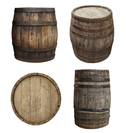 Different wooden barrels isolated on white, top and side views. Collage design
