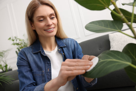 Woman wiping leaves of beautiful houseplant with cotton pad at homeの写真素材