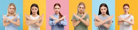 Women showing stop gesture on different color backgrounds. Collage with photos