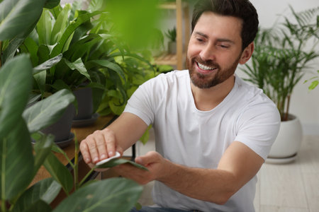 Man wiping leaves of beautiful potted houseplants indoorsの写真素材