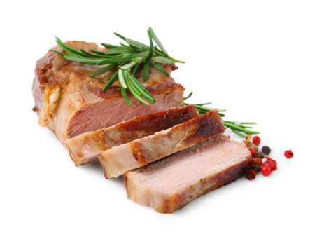Delicious fried meat with rosemary and spices on white backgroundの写真素材