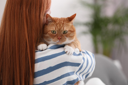 Woman with her cute cat at home, back viewの写真素材