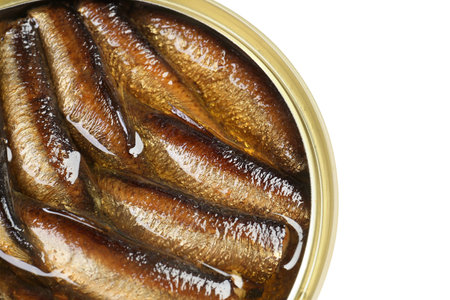 One tin can of sprats isolated on white, top viewの写真素材