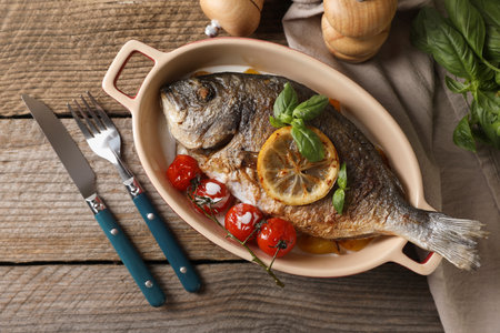 Delicious roasted dorado fish served on wooden table, flat layの写真素材