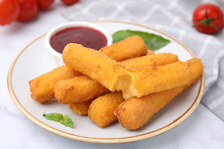 Tasty fried mozzarella sticks served with tomato sauce on white tableの写真素材