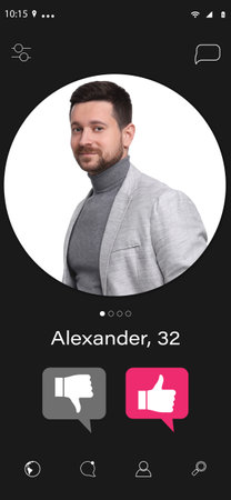 Dating site account of handsome man. Profile photo, information and icons