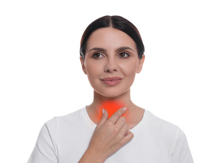 Endocrine system. Woman doing thyroid self examination on white background