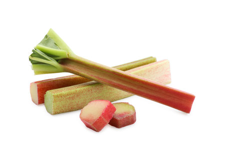Cut fresh ripe rhubarb isolated on whiteの写真素材