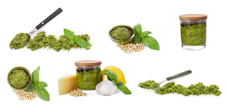 Collage with tasty pesto sauce isolated on whiteの写真素材