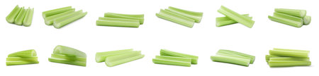 Set with fresh green celery isolated on whiteの写真素材
