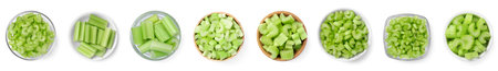 Set with cut celery in bowls isolated on white, top viewの写真素材