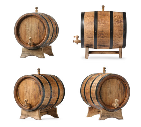 Collage of wooden barrels with tap on white background, different sides