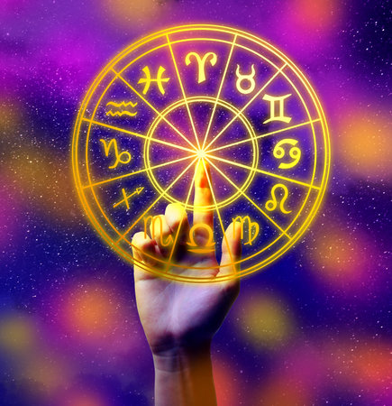 Astrology. Woman touching zodiac wheel on bright background, closeupの写真素材