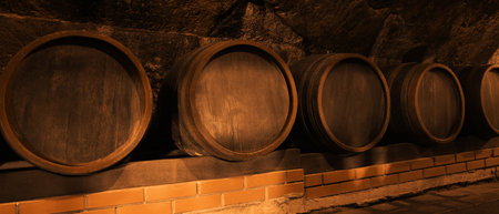 Many wooden barrels in cellar, banner designの写真素材