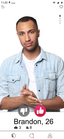Dating site account of handsome man. Profile photo, information and icons