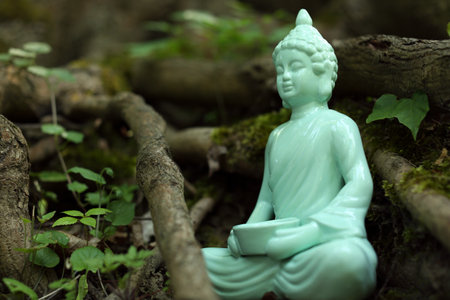 Decorative Buddha statue near tree outdoors. Space for textの写真素材