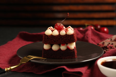 Piece of red velvet cake and fork on table, closeupの写真素材