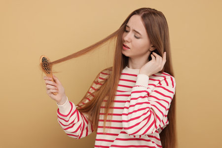 Upset woman brushing her hair on beige background. Alopecia problemの写真素材