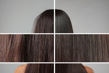 Photo of woman divided into halves before and after hair treatment on gray background, back view. Zoomed area showing damaged and healthy strandの写真素材