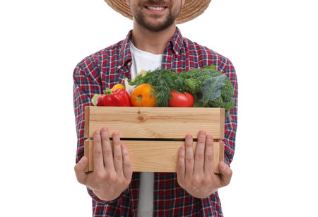 Harvesting season. Happy farmer holding wooden crate with vegetables on white background, closeupの写真素材