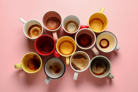 Many dirty cups after drinking coffee on pink table, flat layの写真素材