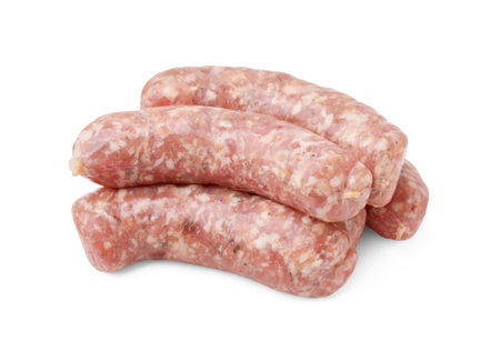 Fresh raw homemade sausages isolated on whiteの写真素材