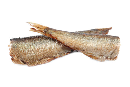 Two tasty canned sprats isolated on whiteの写真素材