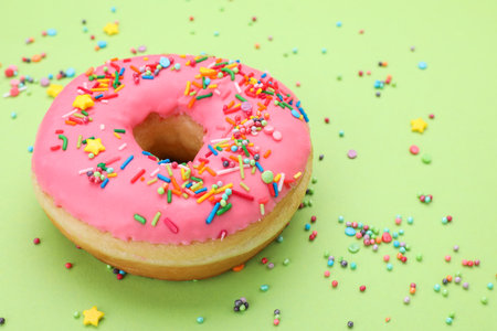 Glazed donut decorated with sprinkles on green background, closeup. Space for text. Tasty confectioneryの写真素材