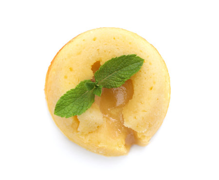 Delicious vanilla fondant with white chocolate and mint isolated on white, top viewの写真素材