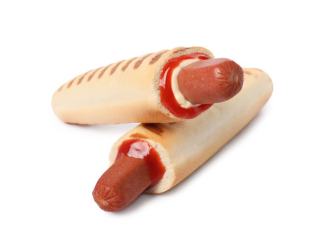 Tasty French hot dogs with sauce on white backgroundの写真素材