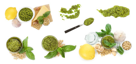 Collage with tasty pesto sauce and ingredients isolated on white, top viewの写真素材
