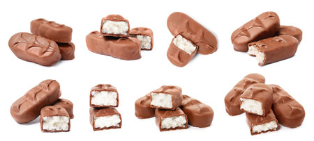 Collage with chocolate bars isolated on whiteの写真素材