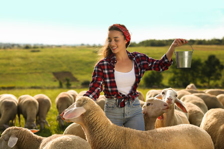 Smiling woman feeding sheep on pasture at farmの写真素材