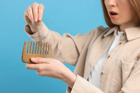 Woman untangling her lost hair from comb on light blue background, closeup. Alopecia problemの写真素材