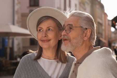 Portrait of affectionate senior couple walking outdoorsの写真素材