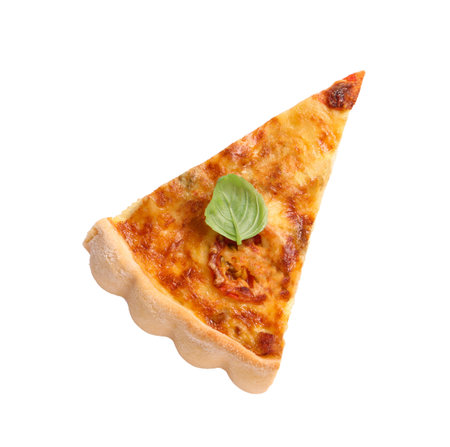 Piece of delicious homemade vegetable quiche isolated on white, top viewの写真素材
