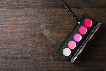Colorful lipstick palette and brush on wooden table, flat lay with space for text. Professional cosmeticsの写真素材