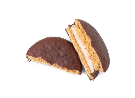 Halves of tasty choco pie isolated on white, top viewの写真素材