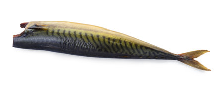 Delicious smoked mackerel isolated on white. Seafood product
