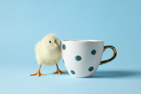 Cute chick and cup on light blue background, closeup. Baby animalの写真素材