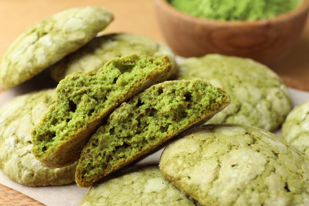 Tasty matcha cookies on table, closeup viewの写真素材