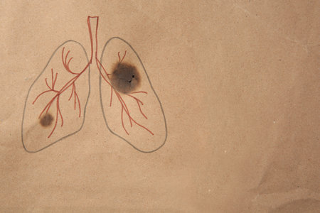 Drawn human lungs with cigarette holes on kraft paper, top view and space for text. No smoking conceptの写真素材